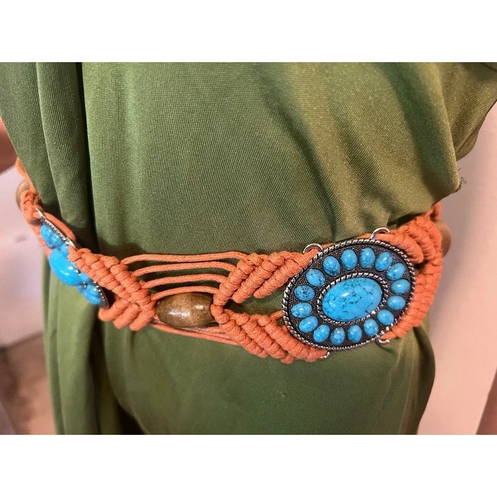 Macrame Braided Belt Terracotta Turquoise Southwestern Boho Up to 40